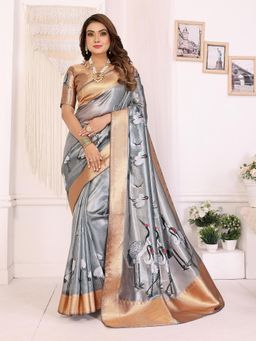 Elora - Women Grey Tissue Printed Saree with Unstitched Blouse