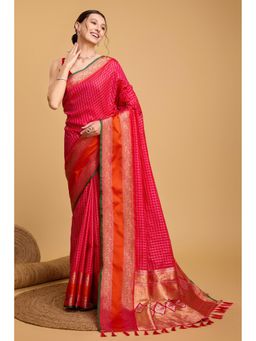 Mysilklove - Women Red Banarasi Checks Saree with Unstitched Blouse