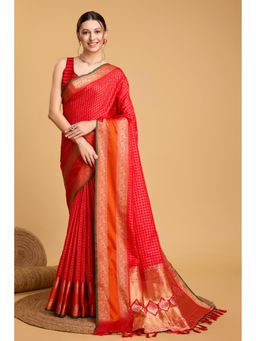 Mysilklove - Women Red Banarasi Checks Saree with Unstitched Blouse