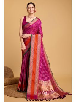 Mysilklove - Women Magenta Banarasi Checks Saree with Unstitched Blouse