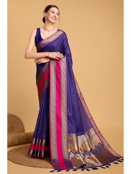 Mysilklove - Women Blue Banarasi Checks Saree with Unstitched Blouse