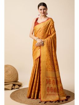 Mysilklove - Women Yellow Banarasi Woven Saree with Unstitched Blouse