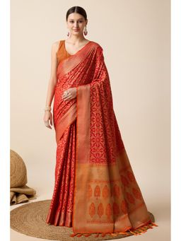 Mysilklove - Women Red Banarasi Woven Saree with Unstitched Blouse