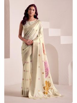 Mysilklove - Women White Linen Woven Saree with Unstitched Blouse