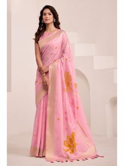 Mysilklove - Women Pink Linen Woven Saree with Unstitched Blouse