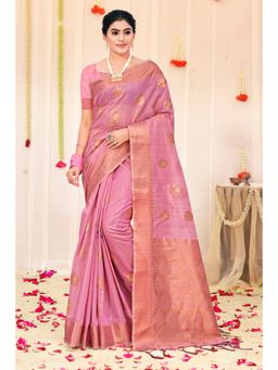 Sangam Prints - Pink Organza Woven Zari Work Traditional Tassel Saree with Unstitched Blouse
