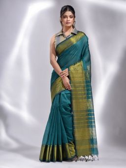 CHARUKRITI - Teal Blended Cotton Handwoven Soft Temple Border Saree with Unstitched Blouse