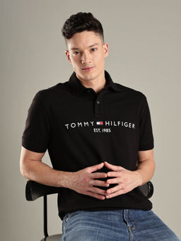 Tommy Hilfiger - Black Embroidered Logo Regular Fit Cotton Polo T-shirt