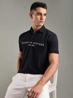 Tommy Hilfiger - Navy Blue Embroidered Logo Regular Fit Cotton Polo T-shirt