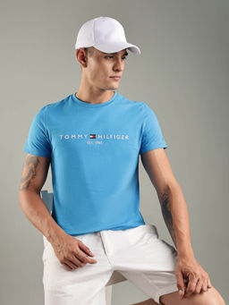 Tommy Hilfiger - Blue Embroidered Logo Regular Fit Cotton T-shirt