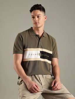Tommy Hilfiger - Olive Colorblock Regular Fit Cotton Polo T-shirt