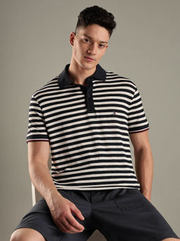 Tommy Hilfiger - Navy Blue Striped Regular Fit Linen Polo T-shirt