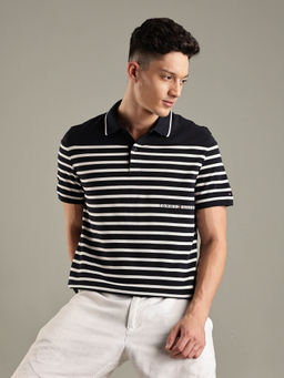 Tommy Hilfiger - Navy Blue Striped Regular Fit Cotton Polo T-shirt