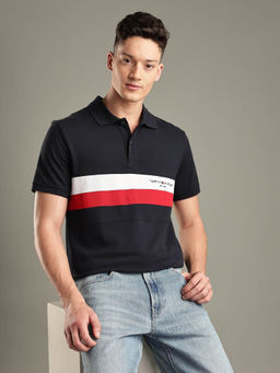 Tommy Hilfiger - Navy Blue Stripes Regular Fit Cotton Polo T-shirt