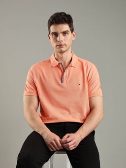 Tommy Hilfiger - Peach Solid Regular Fit Cotton Polo T-shirt