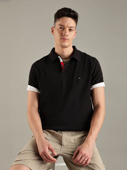 Tommy Hilfiger - Black Solid Regular Fit Cotton Polo T-shirt
