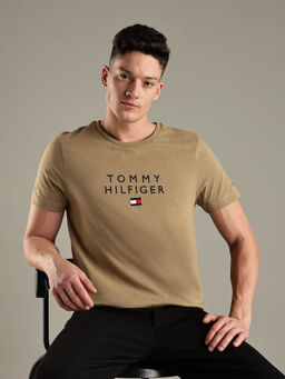 Tommy Hilfiger - Beige Embroidered Logo Regular Fit Cotton T-shirt