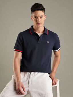 Tommy Hilfiger - Navy Blue Solid Regular Fit Cotton Polo T-shirt