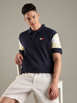Tommy Hilfiger - Navy Blue Colorblock Regular Fit Cotton Polo T-shirt