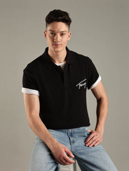 Tommy Hilfiger - Black Solid Regular Fit Cotton Polo T-shirt