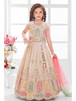 Lagorii - Beige Net Embroidered Choli With Lehenga & Dupatta