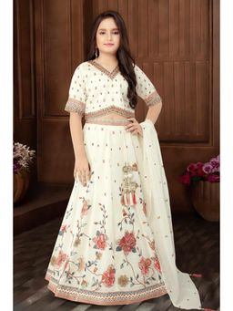 Lagorii - Cream Silk Blend Floral Choli With Lehenga & Dupatta