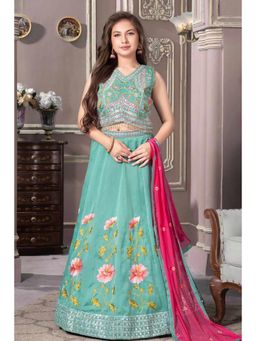 Lagorii - Green Silk Blend Floral Choli With Lehenga & Dupatta