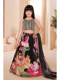 Lagorii - Black Crepe Floral Choli With Lehenga & Dupatta