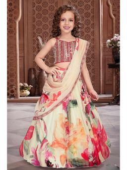 Lagorii - Cream Crepe Floral Choli With Lehenga & Dupatta