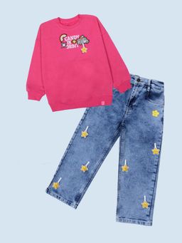 KiddoPanti - Pink Fleece Typography Sweatshirt With Jeans