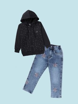 KiddoPanti - Black Fleece Embellished Hoodie With Jeans