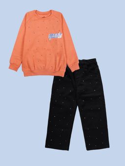 KiddoPanti - Peach Fleece Embellished Sweatshirt With Jeans
