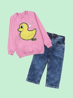 KiddoPanti - Pink Fleece Embellished Sweatshirt With Jeans
