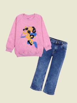 KiddoPanti - Pink Fleece Embellished Sweatshirt With Jeans
