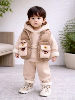 Little Surprise Box - Beige Blended Printed Puffer Jacket With Hoodie & Pant