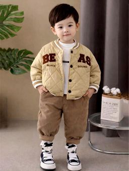 Little Surprise Box - Beige Blended Typography Jacket With T-Shirt & Joggers