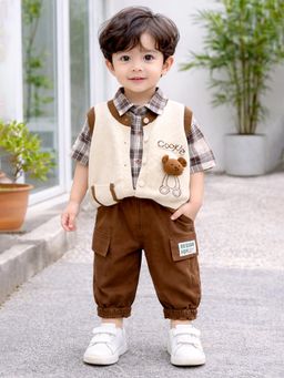 Little Surprise Box - Beige Blended Checks Cardigan With Shirt & Joggers