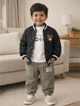 Little Surprise Box - Black Blended Typography Jacket With T-Shirt & Joggers