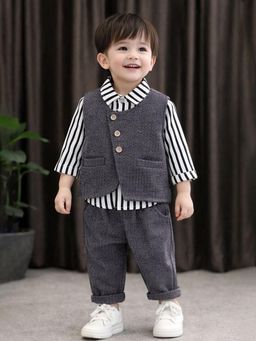 Little Surprise Box - Black Blended Stripes Jacket With Shirt & Joggers