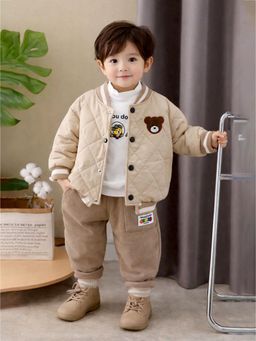 Little Surprise Box - Brown Blended Typography Jacket With T-Shirt & Joggers