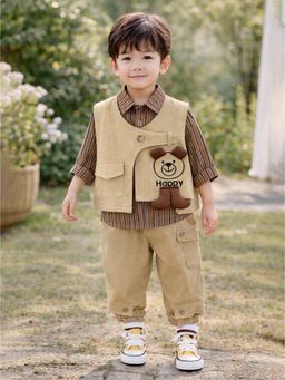 Little Surprise Box - Brown Blended Stripes Jacket With Shirt & Joggers