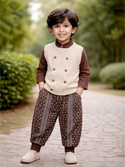 Little Surprise Box - Brown Blended Solid Cardigan With Shirt & Joggers