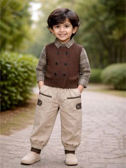 Little Surprise Box - Brown Blended Checks Cardigan With Shirt & Joggers