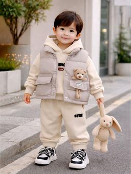 Little Surprise Box - Cream Blended Typography Jacket With Hoodie & Joggers