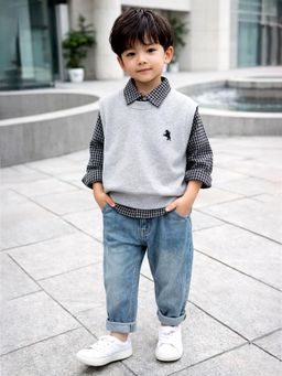 Little Surprise Box - Grey Blended Checks Sweater With Shirt With Jeans