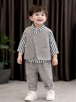Little Surprise Box - Grey Blended Stripes Jacket With Shirt & Pant