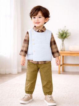 Little Surprise Box - Brown Blended Checks Cardigan With Shirt & Joggers