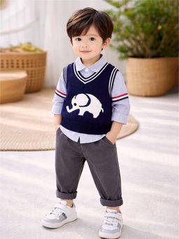 Little Surprise Box - Navy Blue Blended Stripes Sweater With Shirt & Pant