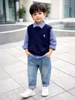 Little Surprise Box - Navy Blue Blended Checks Sweater With Shirt With Jeans