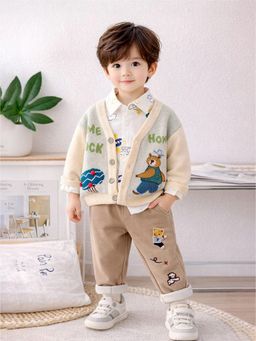 Little Surprise Box - Cream Blended Printed Cardigan With Shirt & Pant